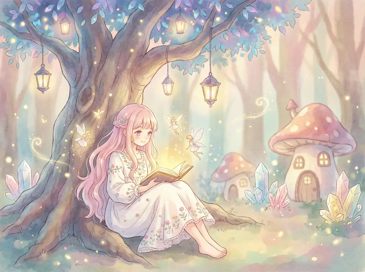 萝莉社区 - 魔法森林中阅读故事书的粉发少女与精灵
